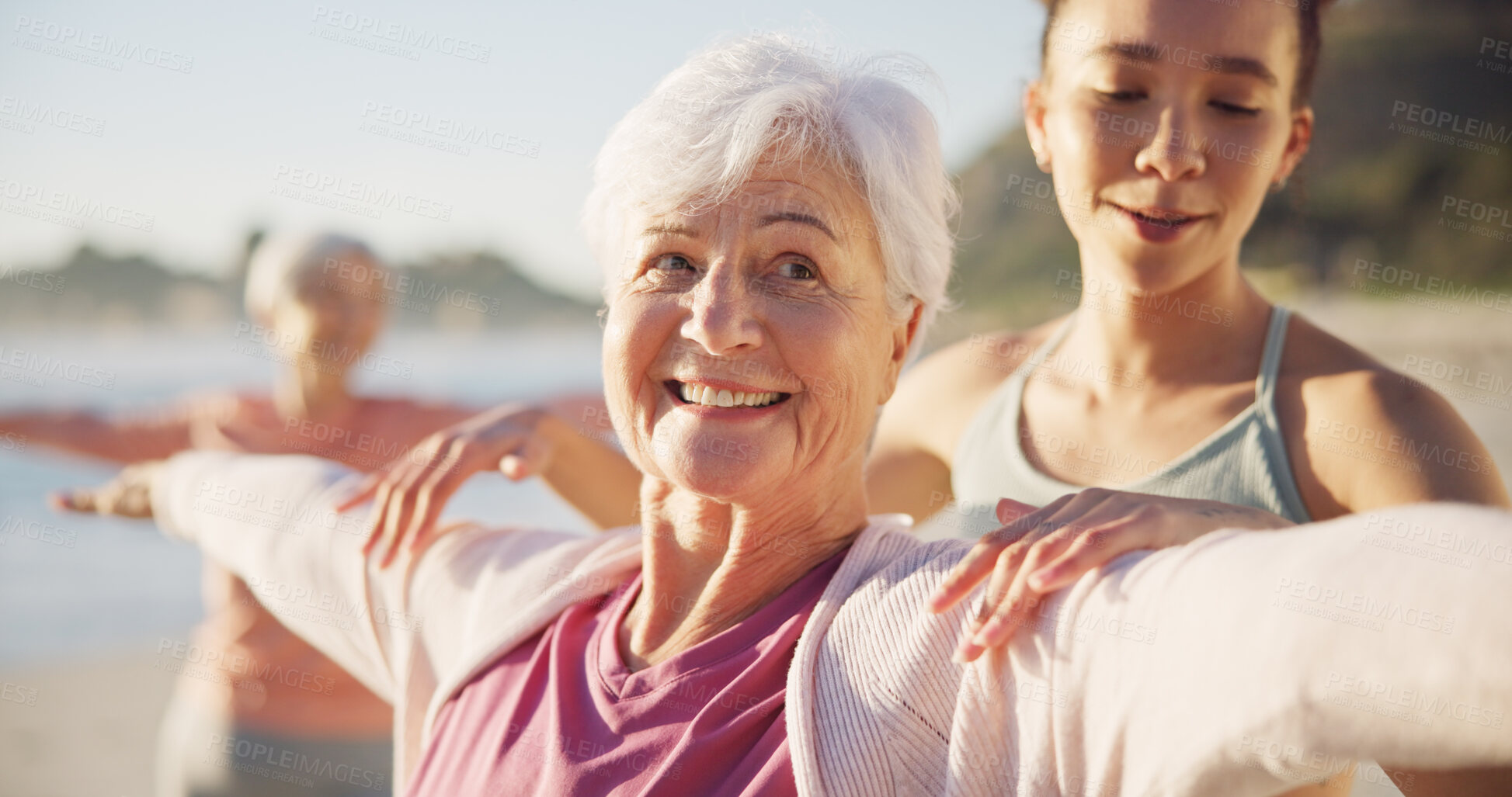 Buy stock photo Beach class, teacher and old woman doing yoga exercise, outdoor wellness and relax workout in nature. Instructor, elderly face and happy person learning pose, training and yogi coach teaching pilates