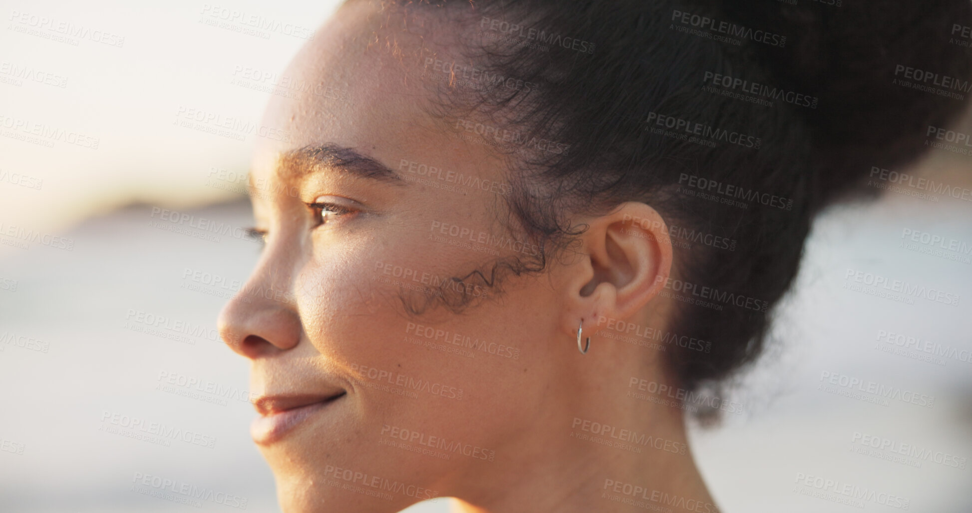 Buy stock photo Beach, thinking and woman with smile, view and summer vacation with peace, calm and lens flare. Person, seaside holiday and happy girl looking, sun and freedom with ocean, relax and tropical island