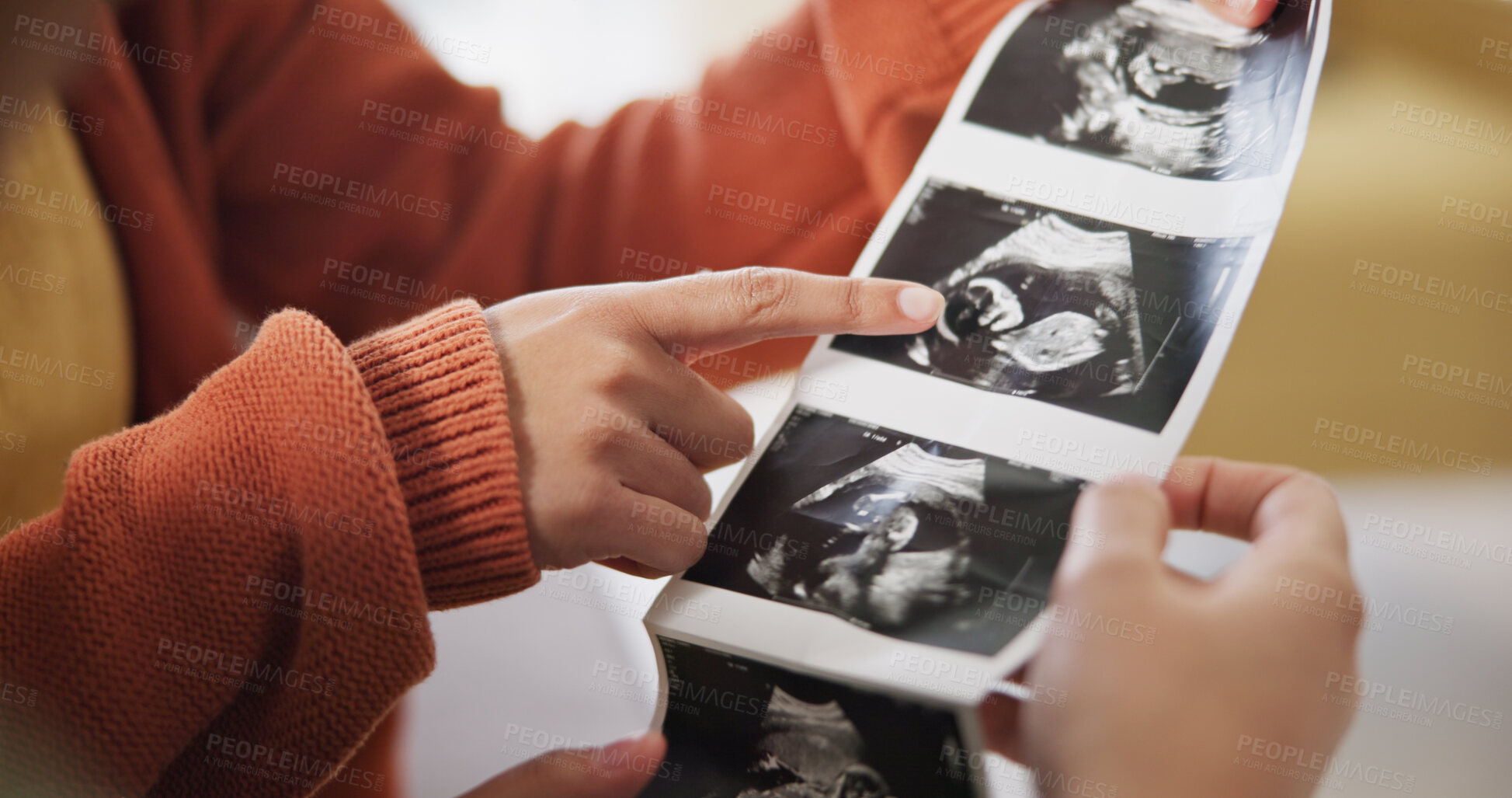 Buy stock photo Ultrasound, surprise and ivf pregnancy with a gay couple in the living room of their home together for celebration. Wow, LGBT or lesbian with a woman and partner hugging while looking at a picture