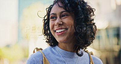 Buy stock photo Face, smile and thinking with a woman in the city during summer for travel, freedom or adventure. Idea, relax and a happy young person walking on a street in an urban town for holiday or vacation