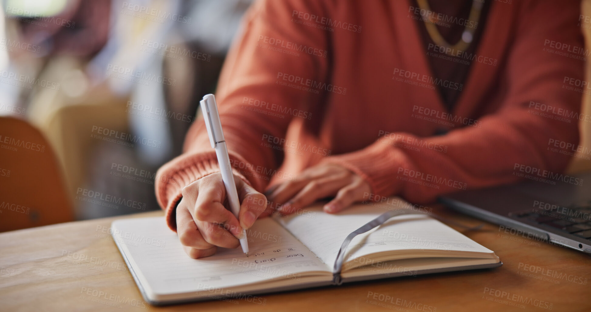 Buy stock photo Hands, planning and college student with notebook for research, strategy or schedule. Writing, ideas and reminder in class, notes and list for work, tasks or information for university project