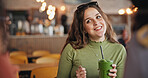 Girl friends, talk and smoothie in cafe, green drink and happy for health, nutrition and juice with smile. Gen z woman, milkshake or diet with group, students and chat in restaurant, diner and cafe