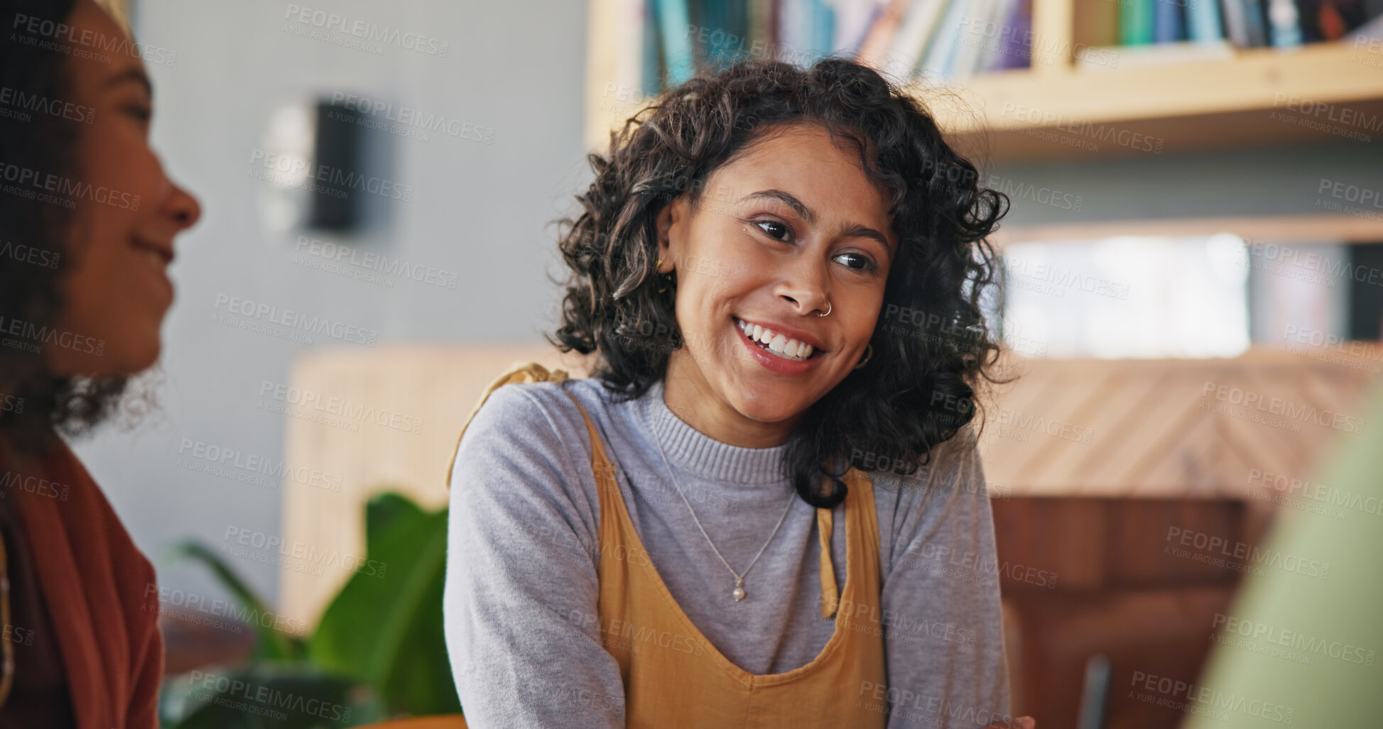 Buy stock photo Friends, talk or happy woman in cafe to drink for a fun reunion, discussion or gossip with smile. Gen z girls, students or women with chat, conversation or brunch at restaurant, diner or coffee shop