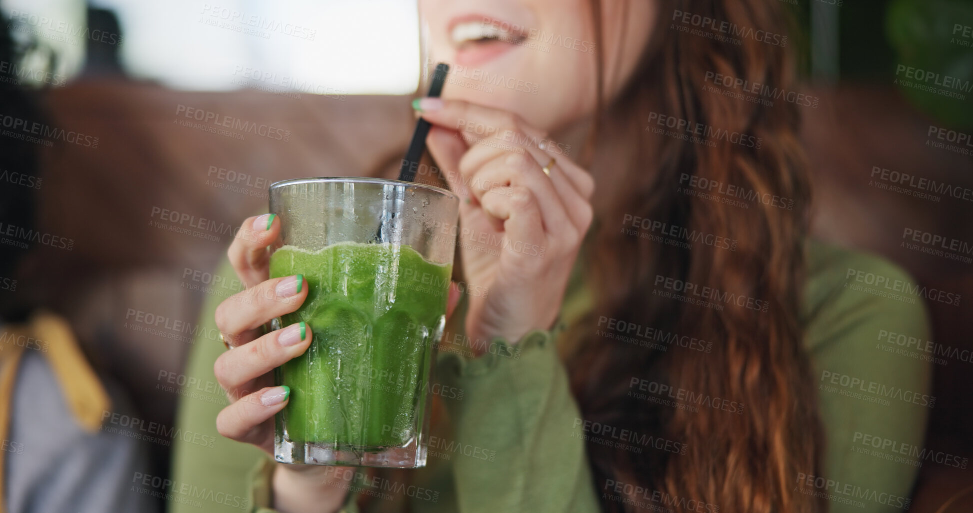 Buy stock photo Hands, smoothie and a woman customer in a coffee shop to drink a beverage for health, diet or nutrition. Relax, weight loss and green detox shake in a glass with a person at a cafe or restaurant