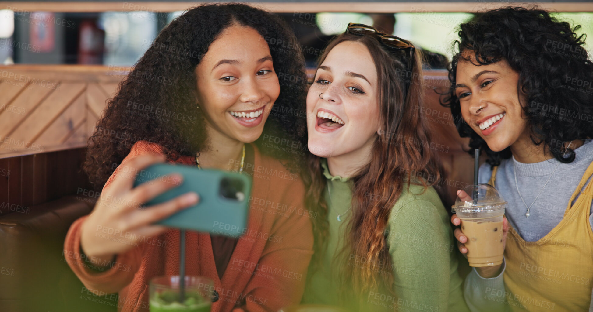 Buy stock photo Happy, cafe or friends in selfie for social media, online post or profile picture together to relax. Juice drinks, reunion or excited gen z women in photograph on a fun holiday vacation for diversity