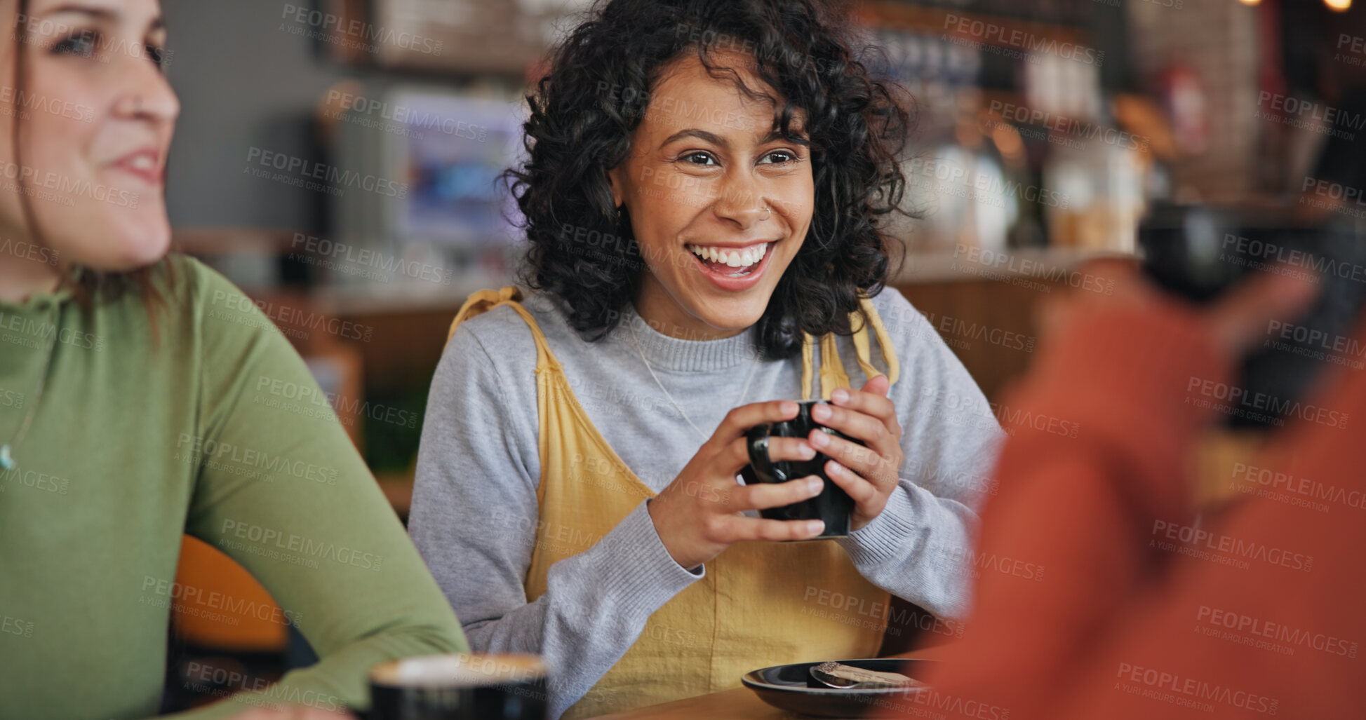 Buy stock photo Students, talk or happy woman in cafe to drink for a fun reunion, discussion or gossip with smile. Gen z girls, friends or women with chat, conversation or tea cup at restaurant, diner or coffee shop