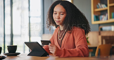 Tablet, credit card and woman in cafe, online shopping and payment in coffee store. Technology, plastic money and African person in restaurant in ecommerce, fintech or typing on financial banking app