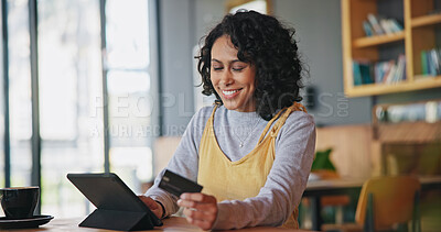 Buy stock photo Cafe, tablet or happy woman with credit card for online shopping or investment on fintech website. Digital payment, finance tech or person in coffee shop banking or typing for financial app password 