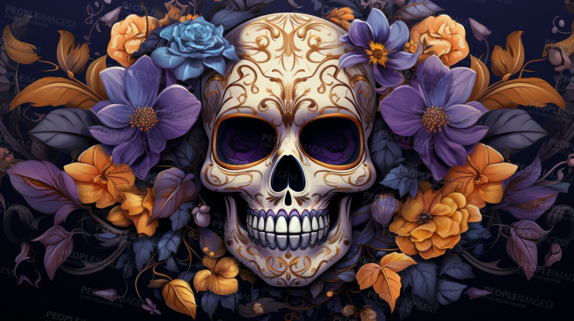 Buy stock photo Day of the dead, sugar skull, colourful painting design, illustration.