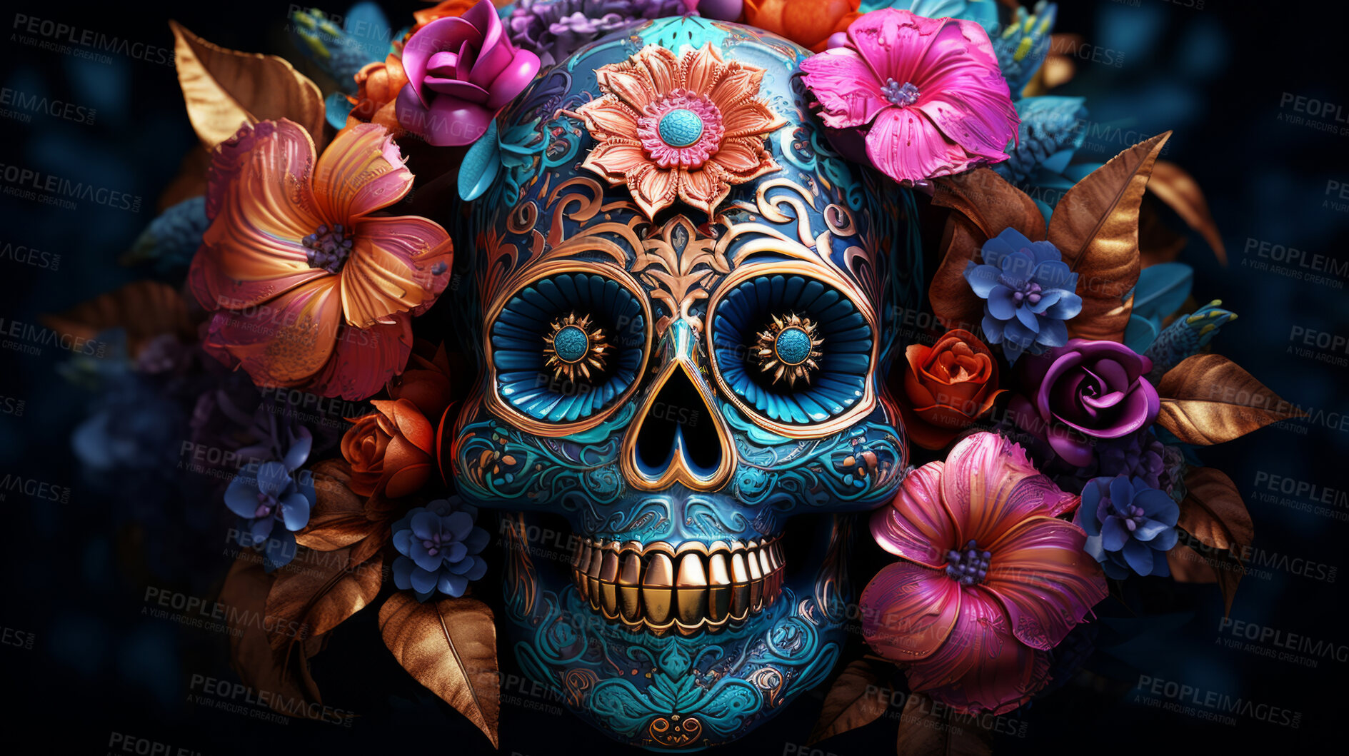 Buy stock photo Day of the dead, sugar skull, colourful painting design, illustration.