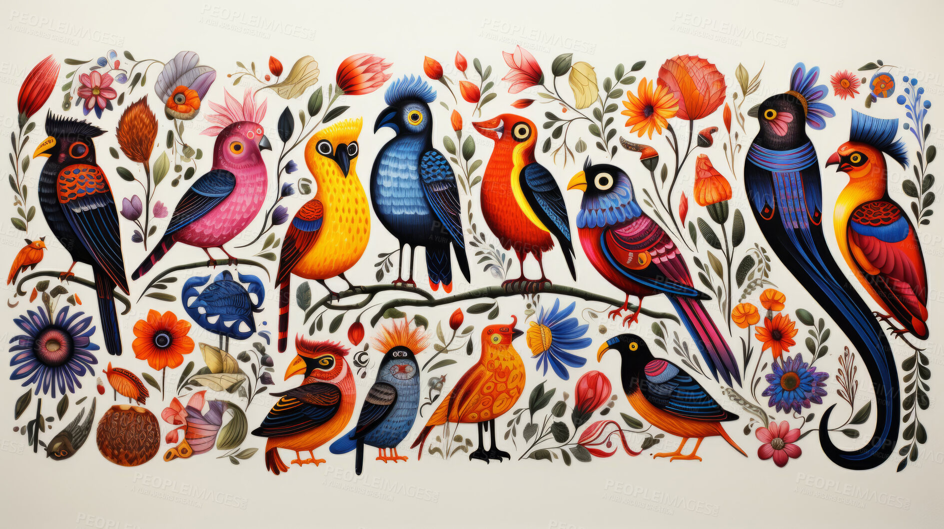 Buy stock photo A variety of animals in different colours, in the style of traditional Mexican, white background.