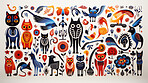A variety of animals in different colours, in the style of traditional Mexican, white background.