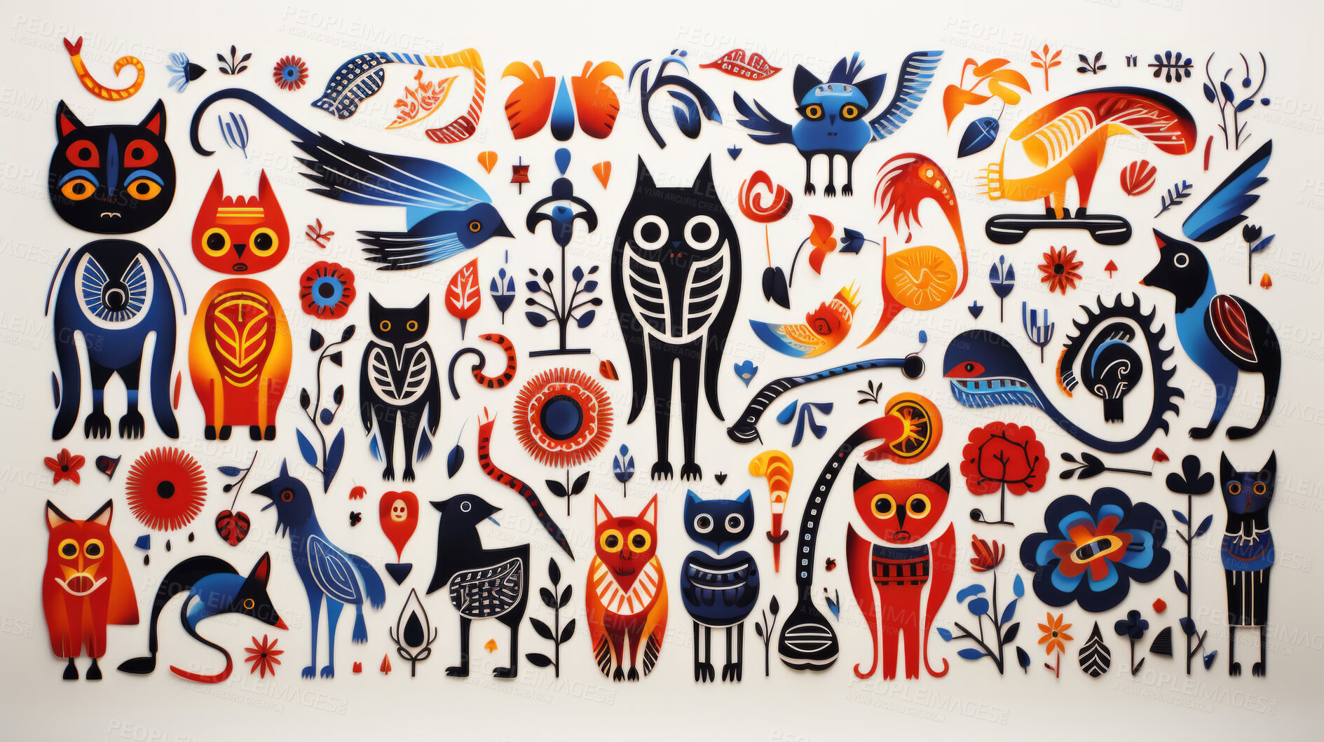 Buy stock photo A variety of animals in different colours, in the style of traditional Mexican, white background.