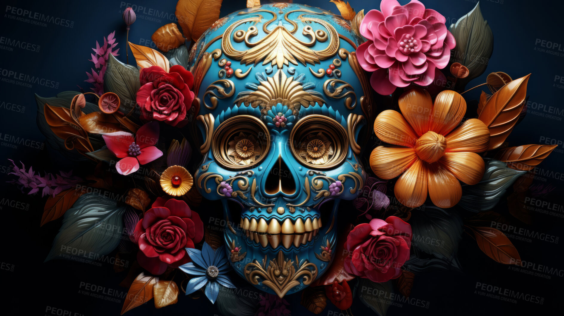 Buy stock photo Day of the dead, sugar skull, colourful painting design, illustration.