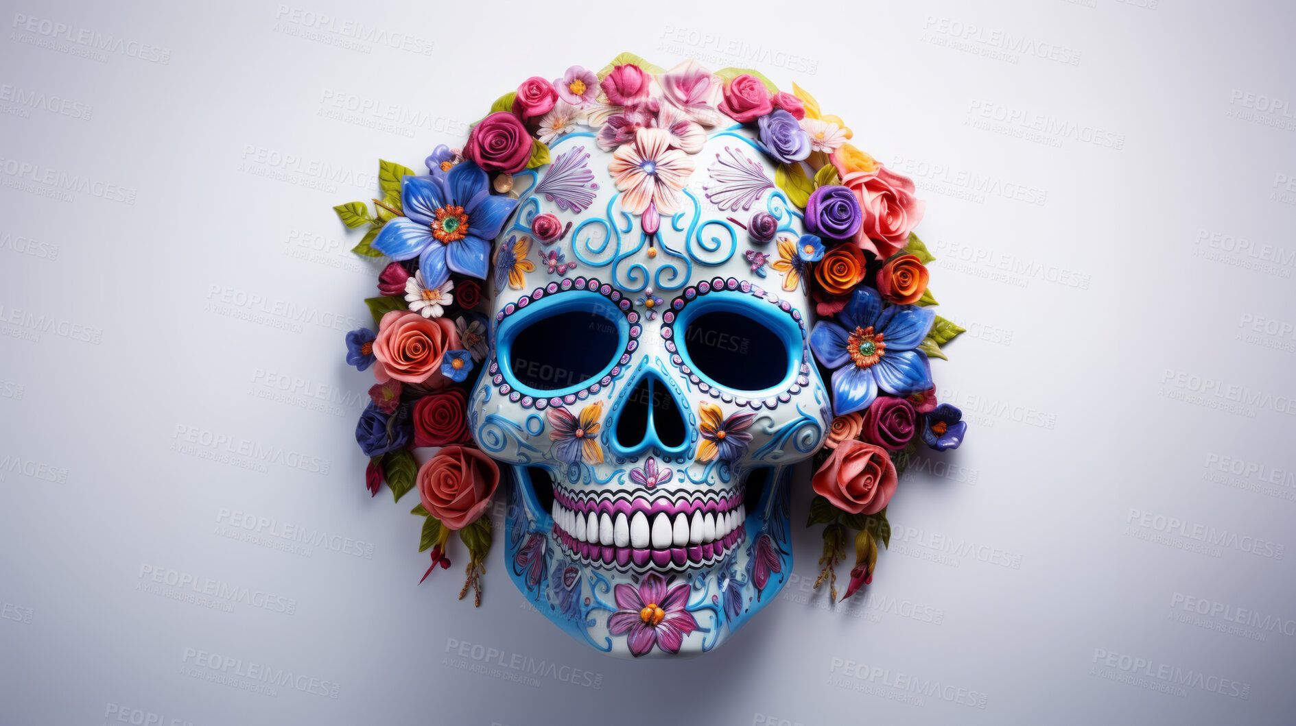 Buy stock photo Day of the dead, sugar skull, colourful painting design, illustration.