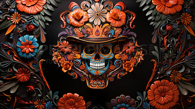 Day of the dead sugar skull with hat, poster design, floral background, illustration.