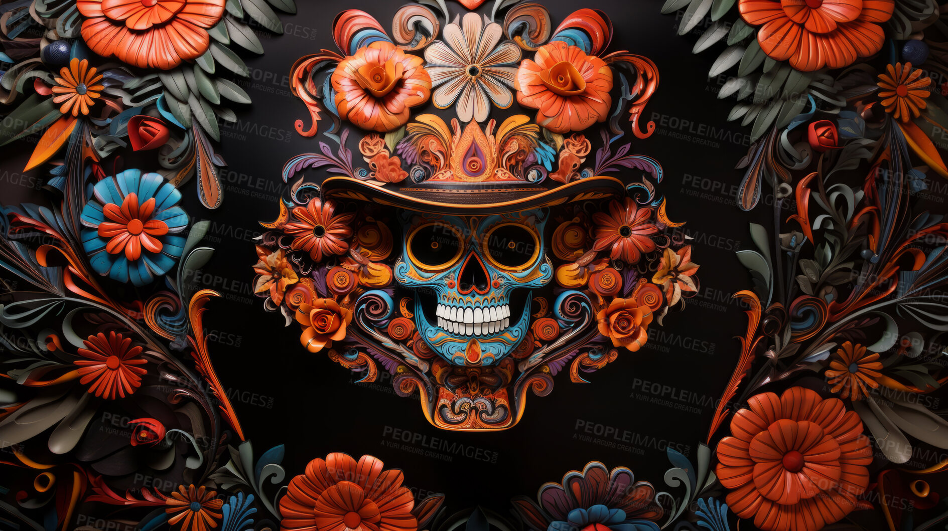 Buy stock photo Day of the dead sugar skull with hat, poster design, floral background, illustration.