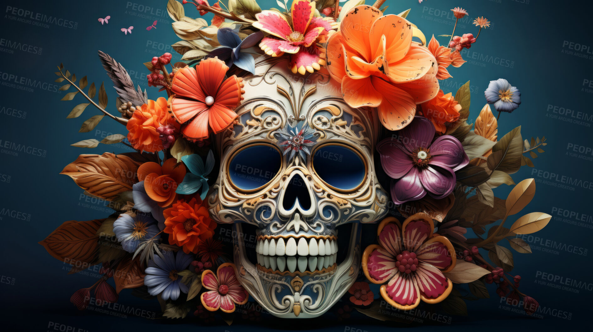 Buy stock photo Day of the dead, sugar skull, colourful painting design, illustration.