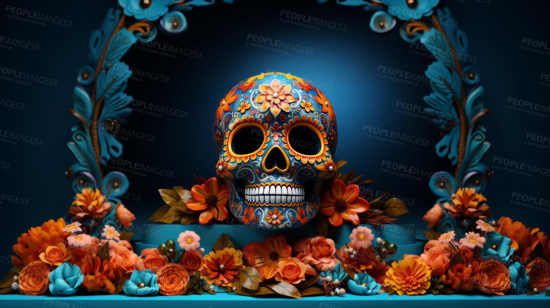 Buy stock photo Day of the dead, sugar skull, colourful painting design, illustration.