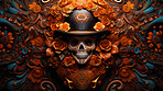 Day of the dead sugar skull with hat, poster design, floral background, illustration.