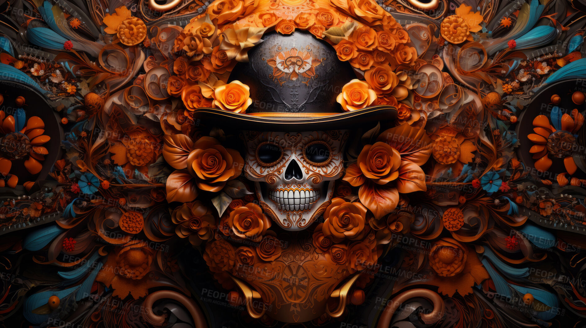 Buy stock photo Day of the dead sugar skull with hat, poster design, floral background, illustration.