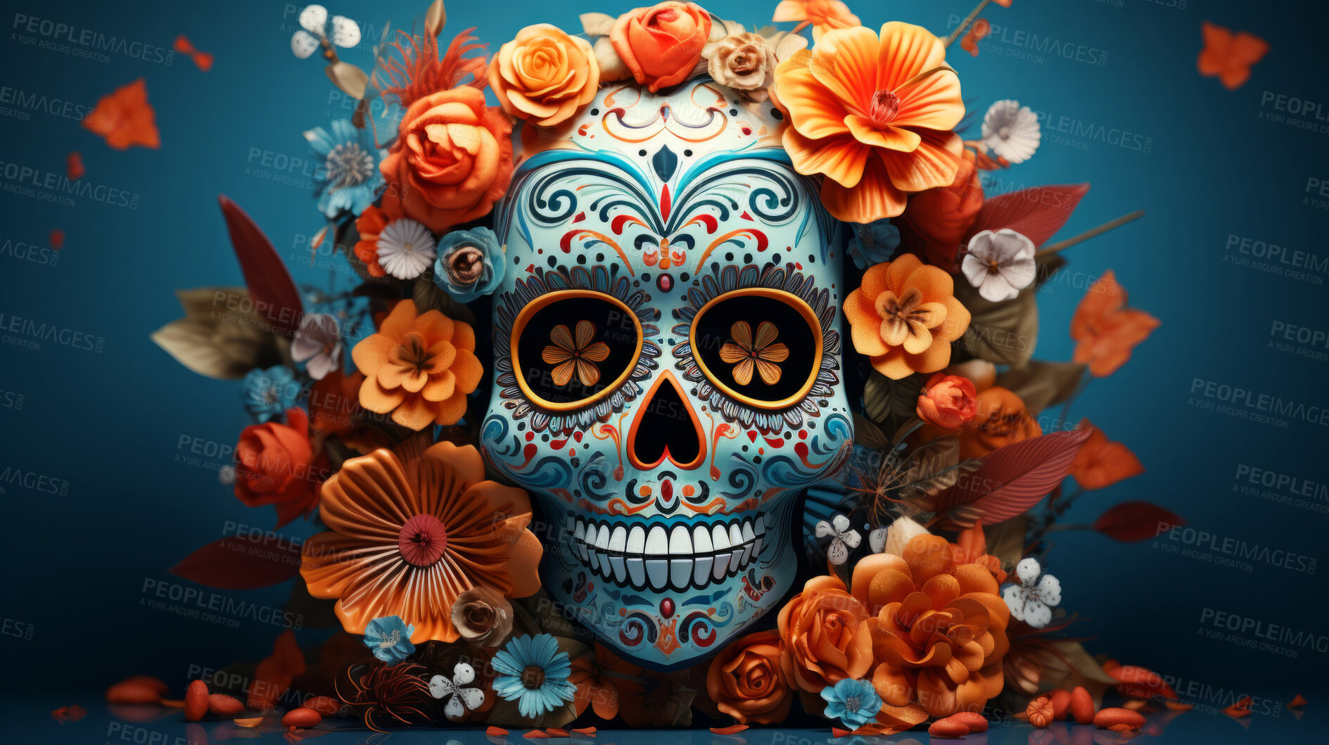 Buy stock photo Day of the dead, sugar skull, colourful painting design, illustration.