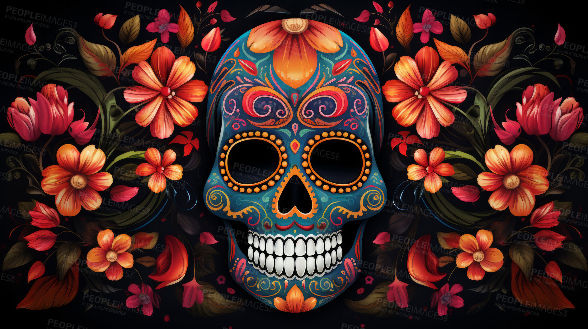 Buy stock photo Day of the dead, sugar skull, colourful painting design, illustration.