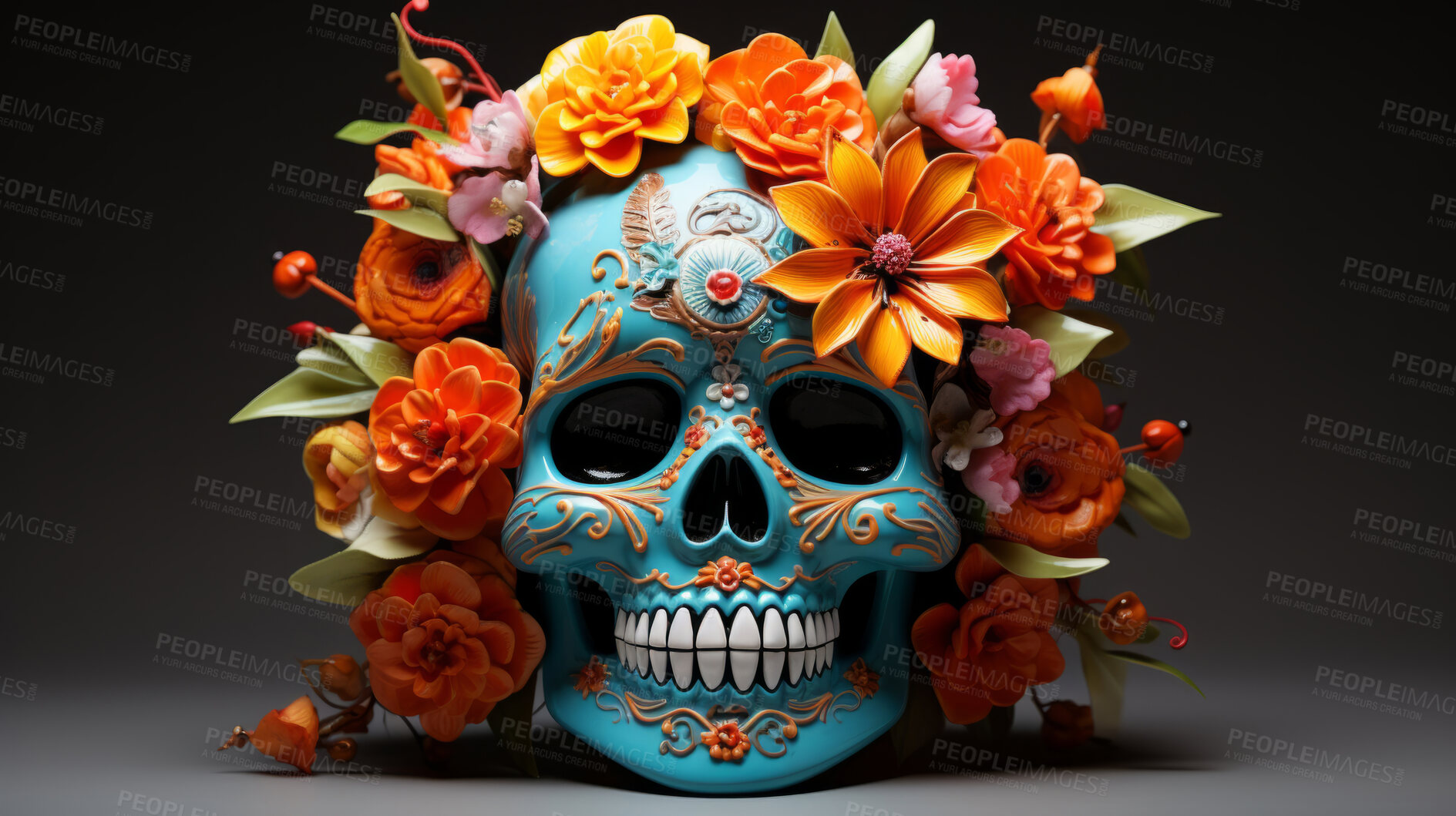 Buy stock photo Day of the dead, sugar skull, colourful painting design, illustration.