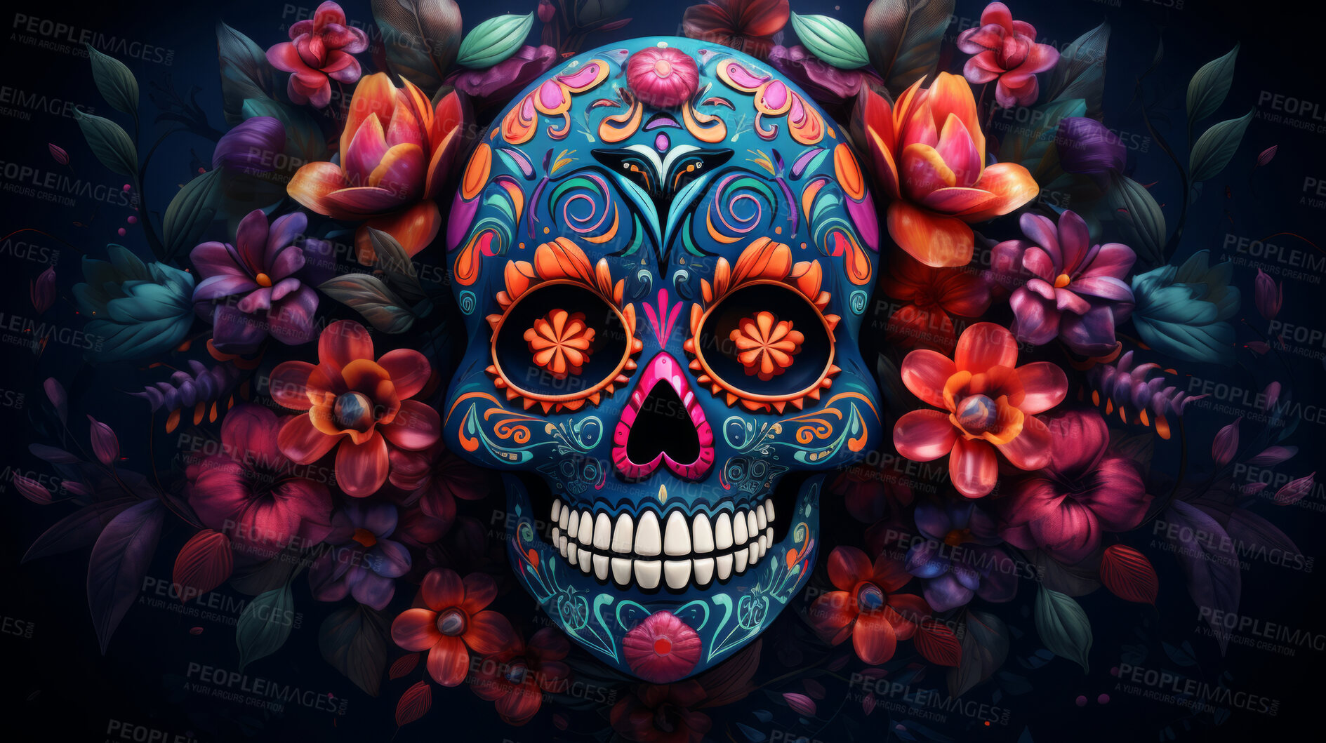 Buy stock photo Day of the dead, sugar skull, colourful painting design, illustration.