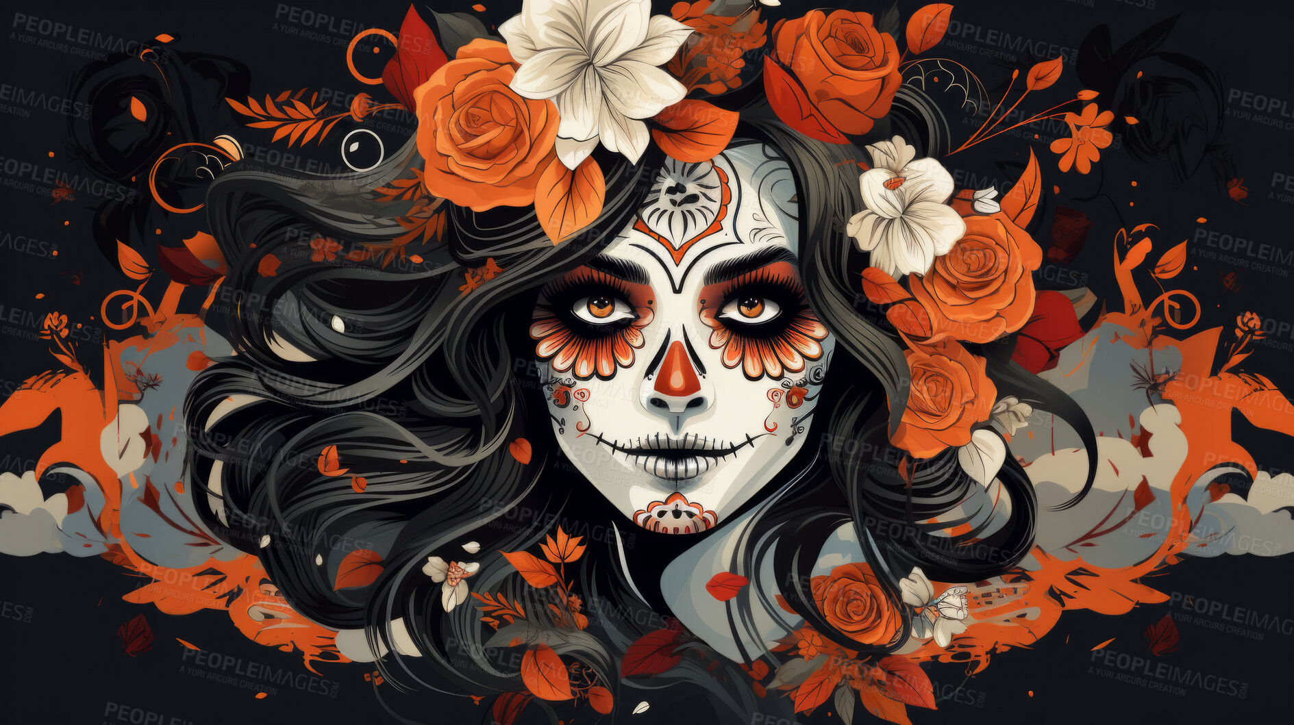 Buy stock photo Sugar skull girl with floral background, day of the dead, illustrated.