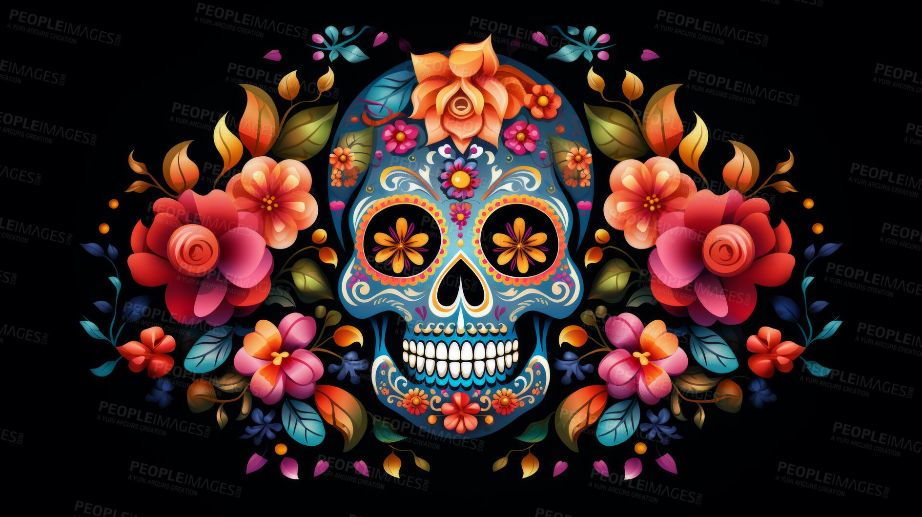 Buy stock photo Day of the dead, sugar skull, colourful painting design, illustration.