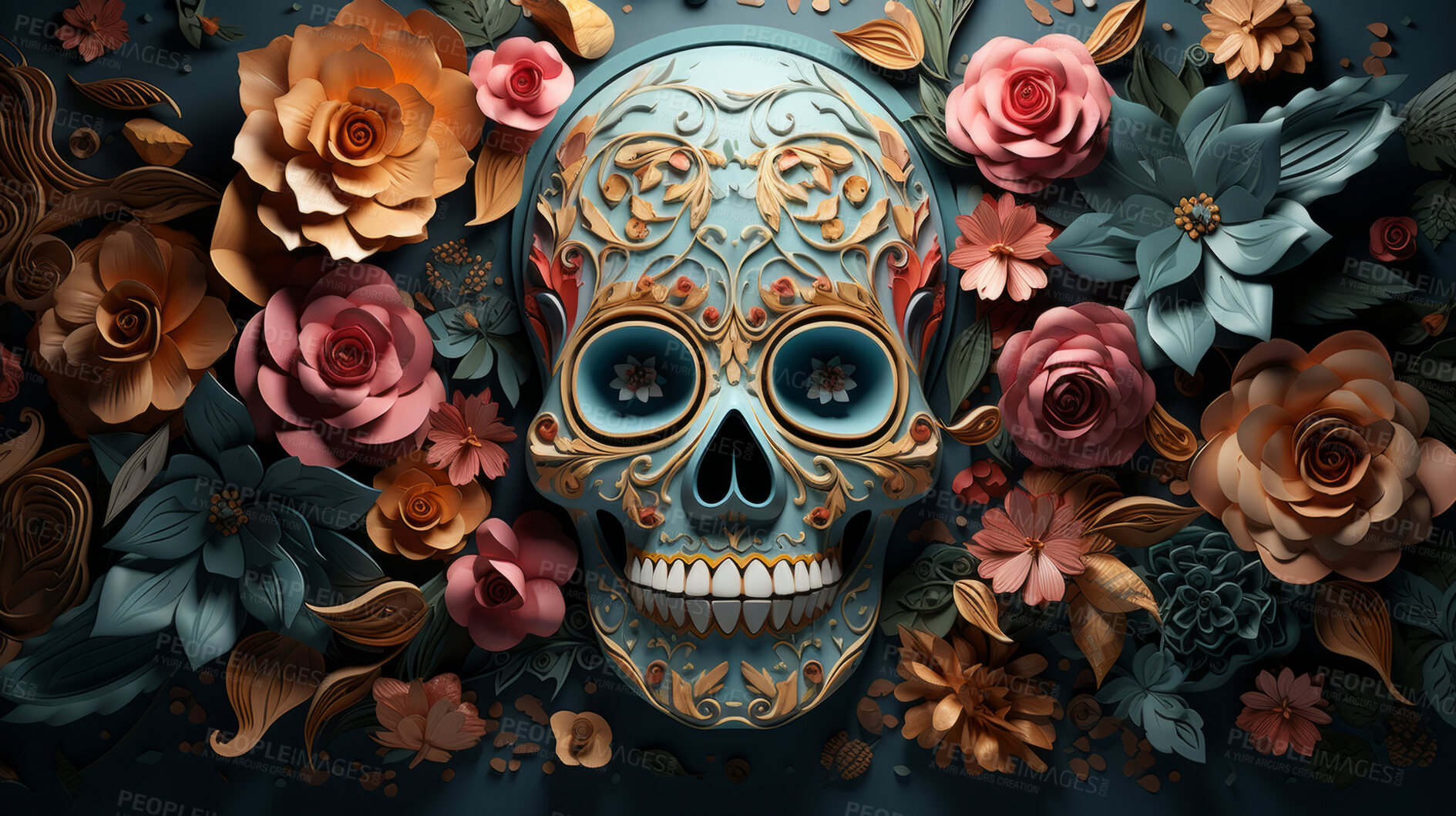 Buy stock photo Day of the dead, sugar skull, colourful painting design, illustration.