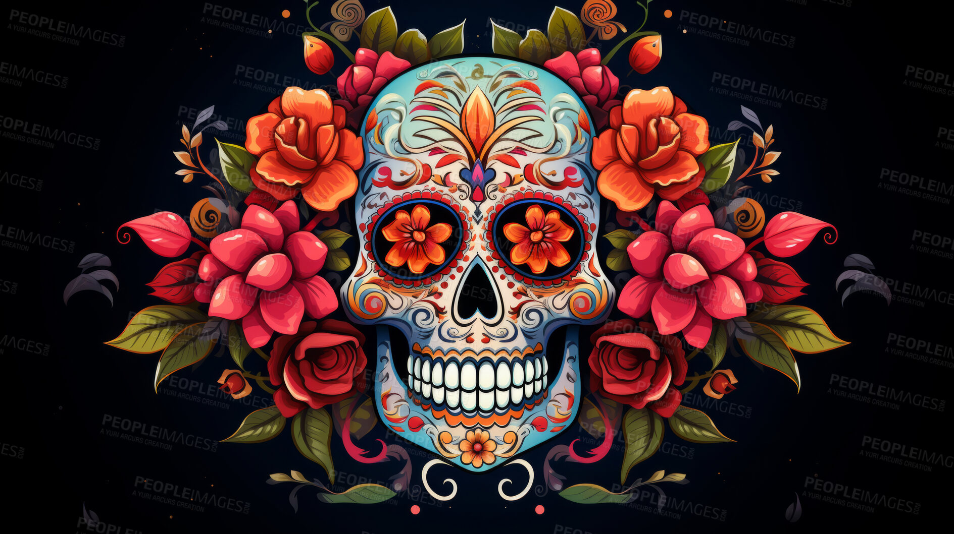 Buy stock photo Day of the dead, sugar skull, colourful painting design, illustration.