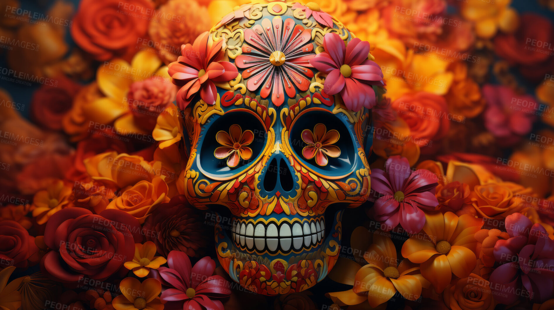 Buy stock photo Day of the dead, sugar skull, colourful painting design, illustration.