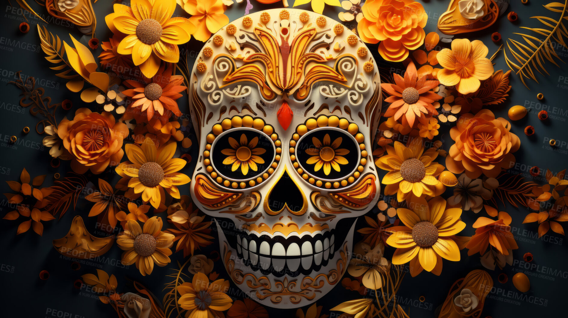 Buy stock photo Day of the dead, sugar skull, colourful painting design, illustration.