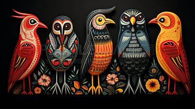Five different birds, traditional Mexican style, brightly coloured birds.