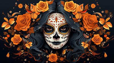 Sugar skull girl with floral background, day of the dead, illustrated.
