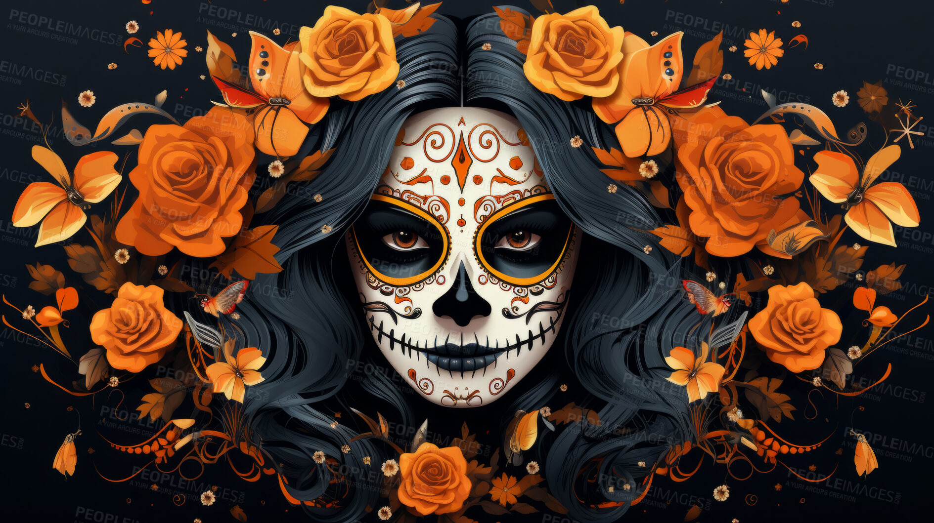 Buy stock photo Sugar skull girl with floral background, day of the dead, illustrated.