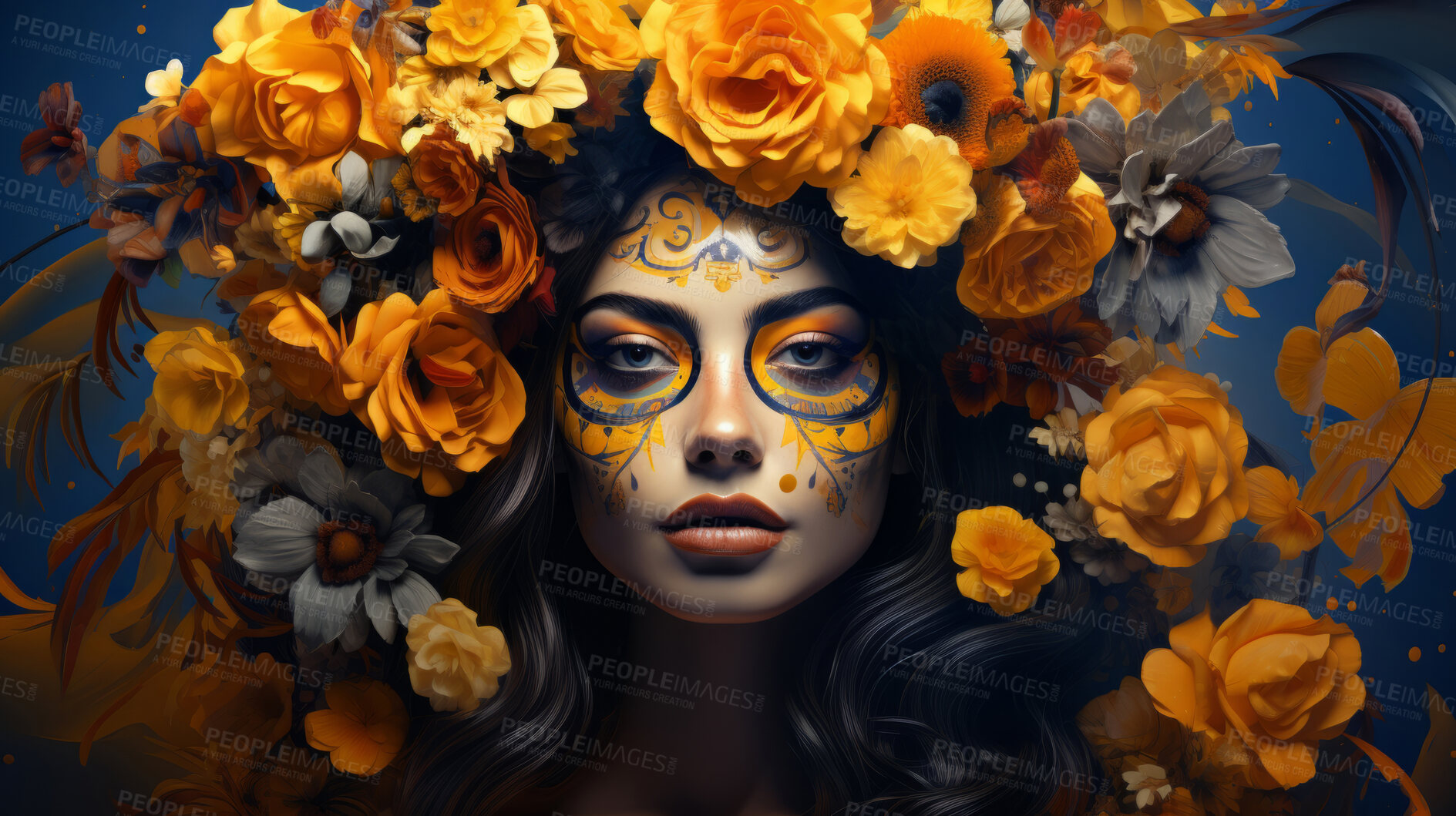 Buy stock photo Sugar skull girl with floral background, day of the dead, illustrated.