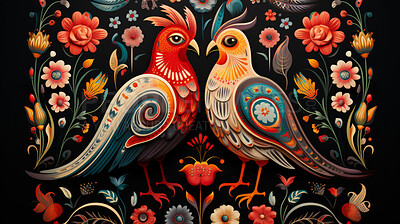 Mexican inspired rooster, black background, birds and flowers.