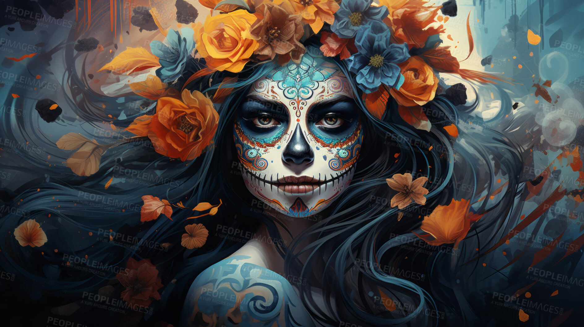 Buy stock photo Sugar skull girl with floral background, day of the dead, illustrated.