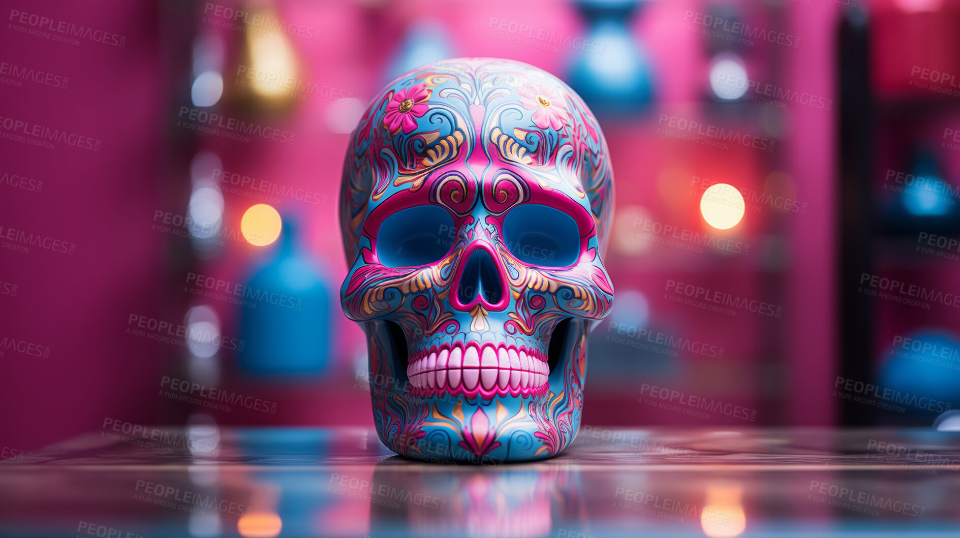 Buy stock photo Day of the dead, sugar skull, colourful painting design, illustration.