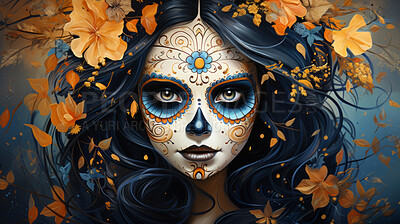 Buy stock photo Sugar skull girl with floral background, day of the dead, illustrated.