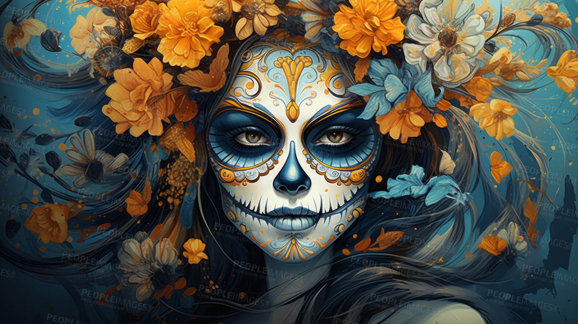 Buy stock photo Sugar skull girl with floral background, day of the dead, illustrated.
