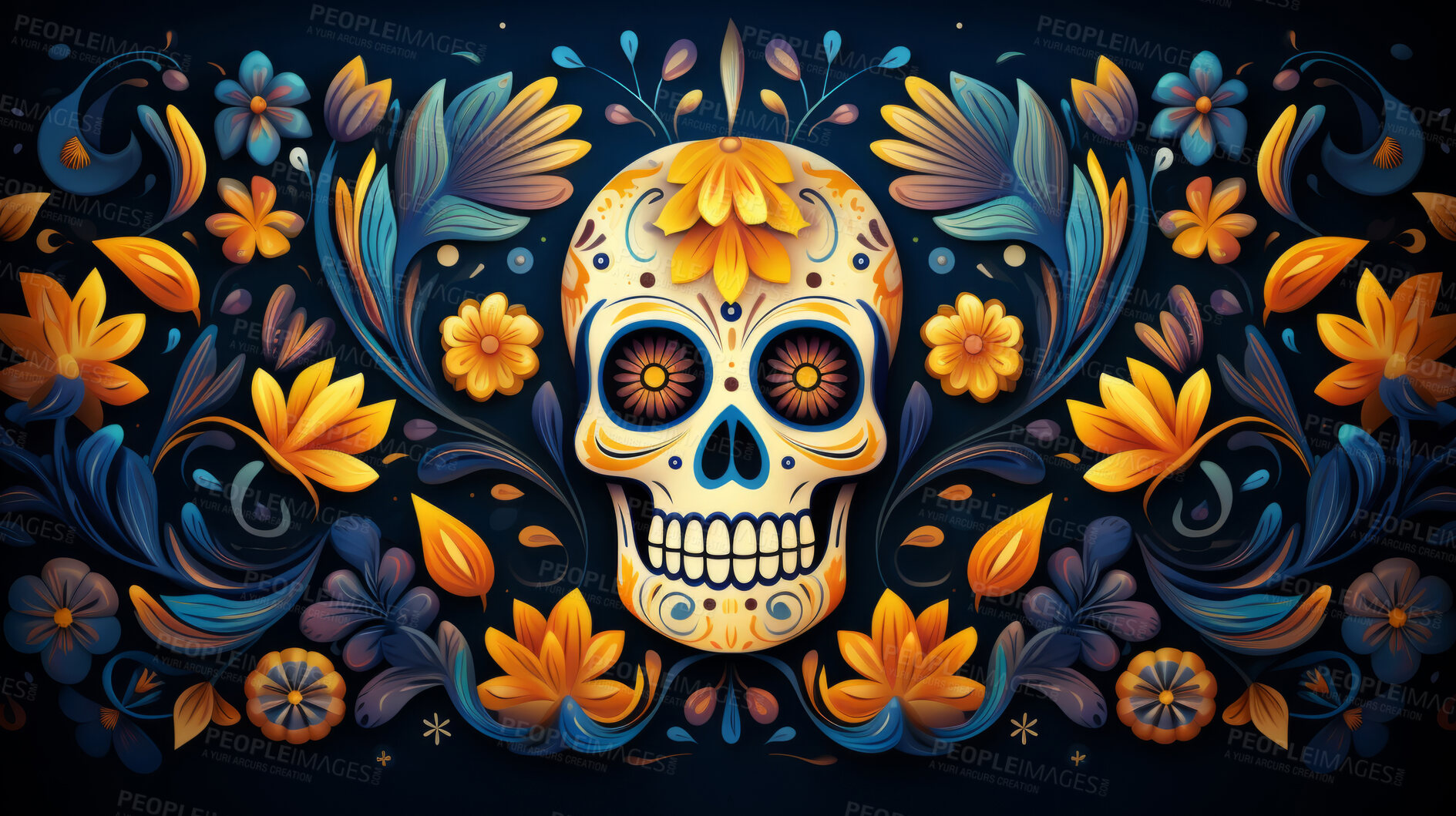 Buy stock photo Day of the dead, sugar skull, colourful painting design, illustration.