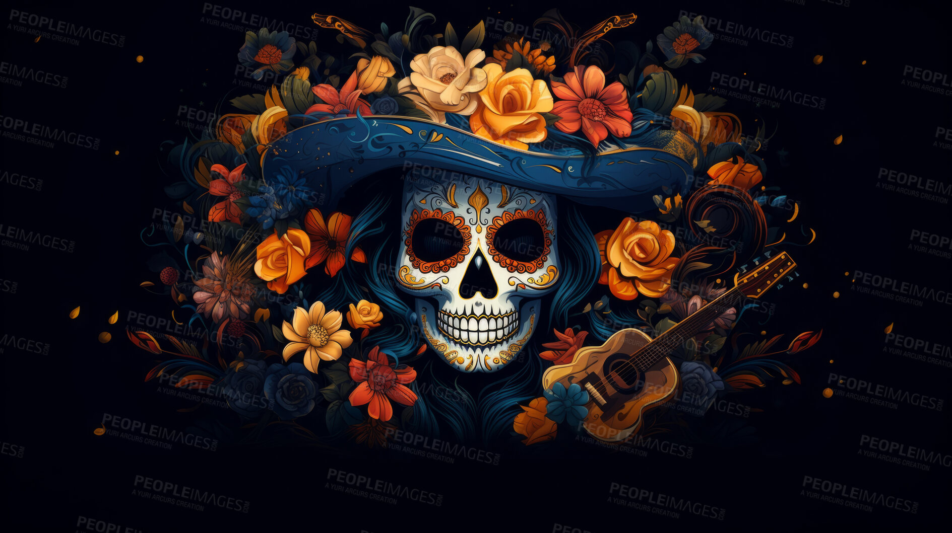 Buy stock photo Day of the dead sugar skull with hat, poster design, black background, illustration.