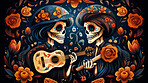 Day of the dead sugar skull musicians, poster design, floral background, illustration.