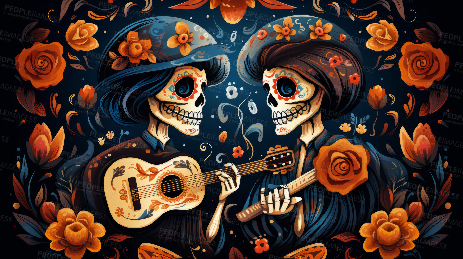 Buy stock photo Day of the dead sugar skull musicians, poster design, floral background, illustration.