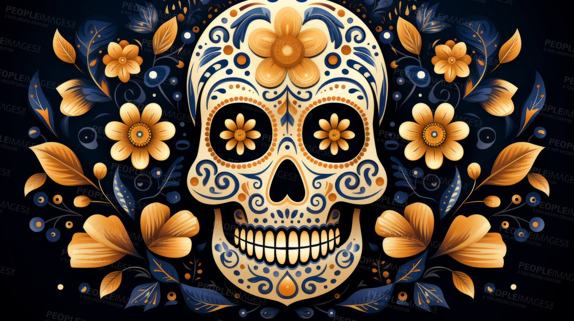 Buy stock photo Day of the dead, sugar skull, colourful painting design, illustration.