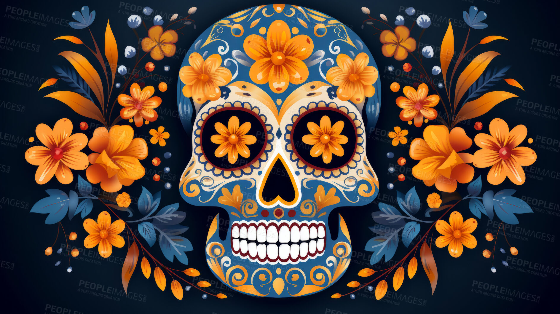 Buy stock photo Day of the dead, sugar skull, colourful painting design, illustration.